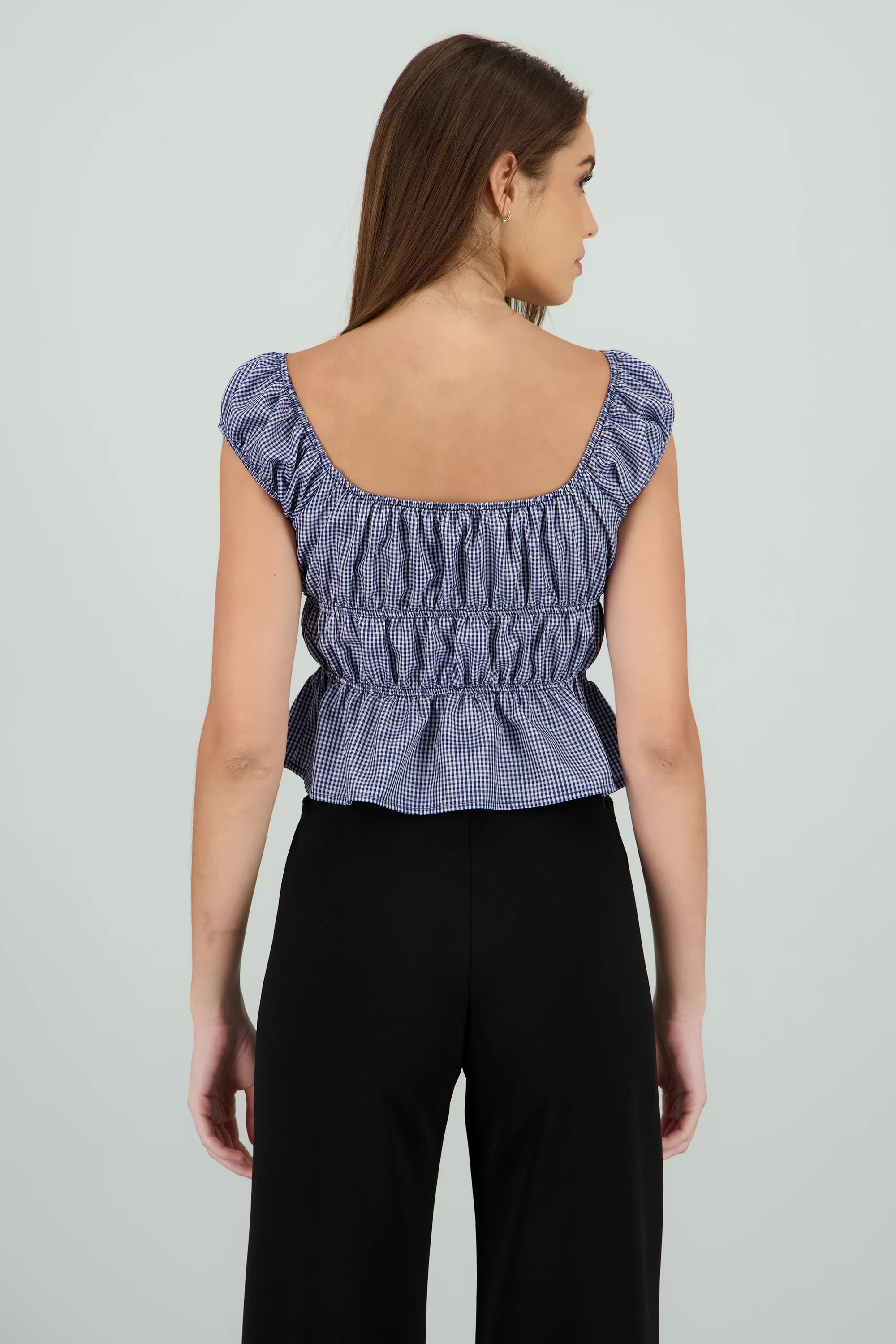 Blusa manga corta cuadros detalle moños - Image 4