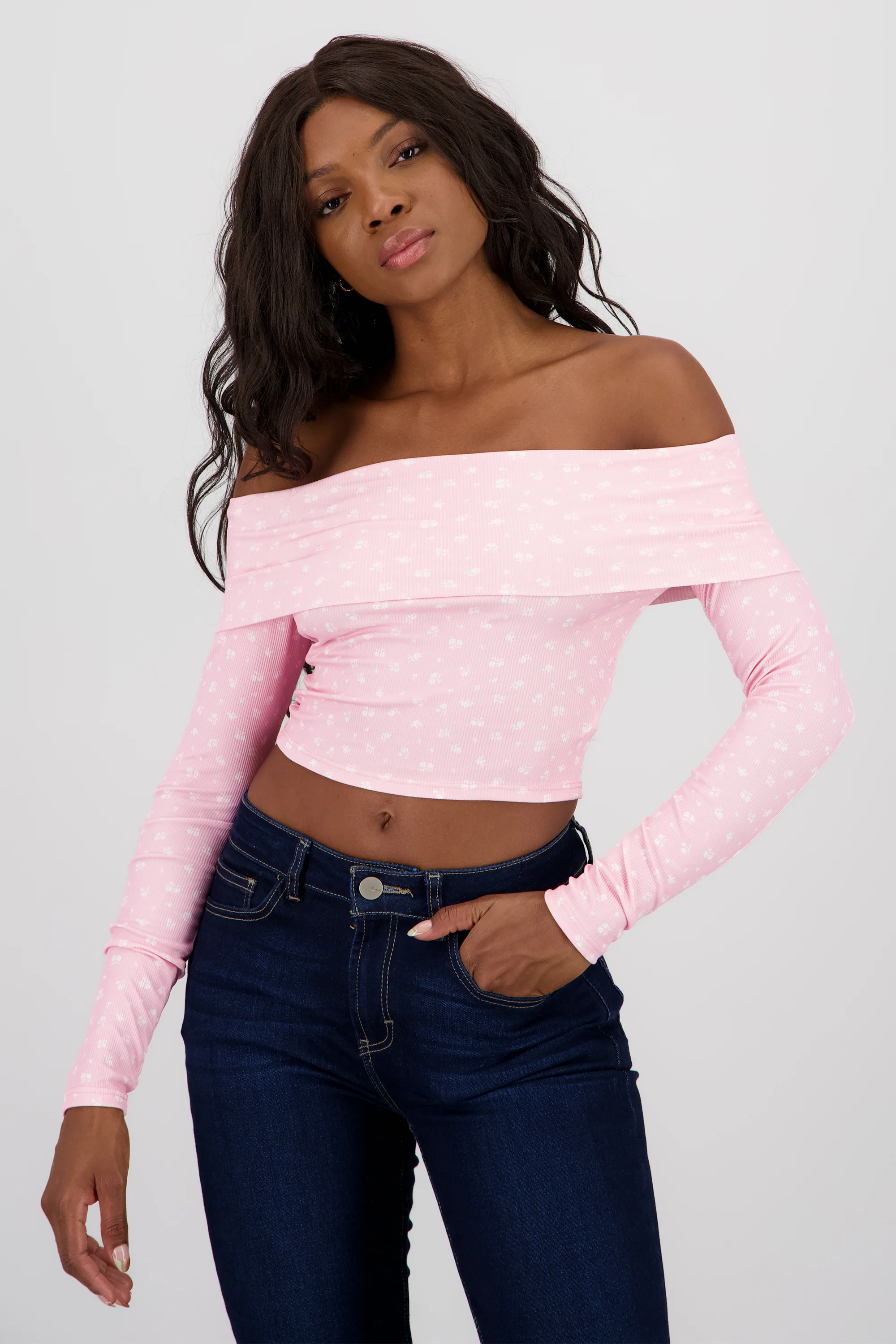 Blusa manga larga off shoulder mini flores