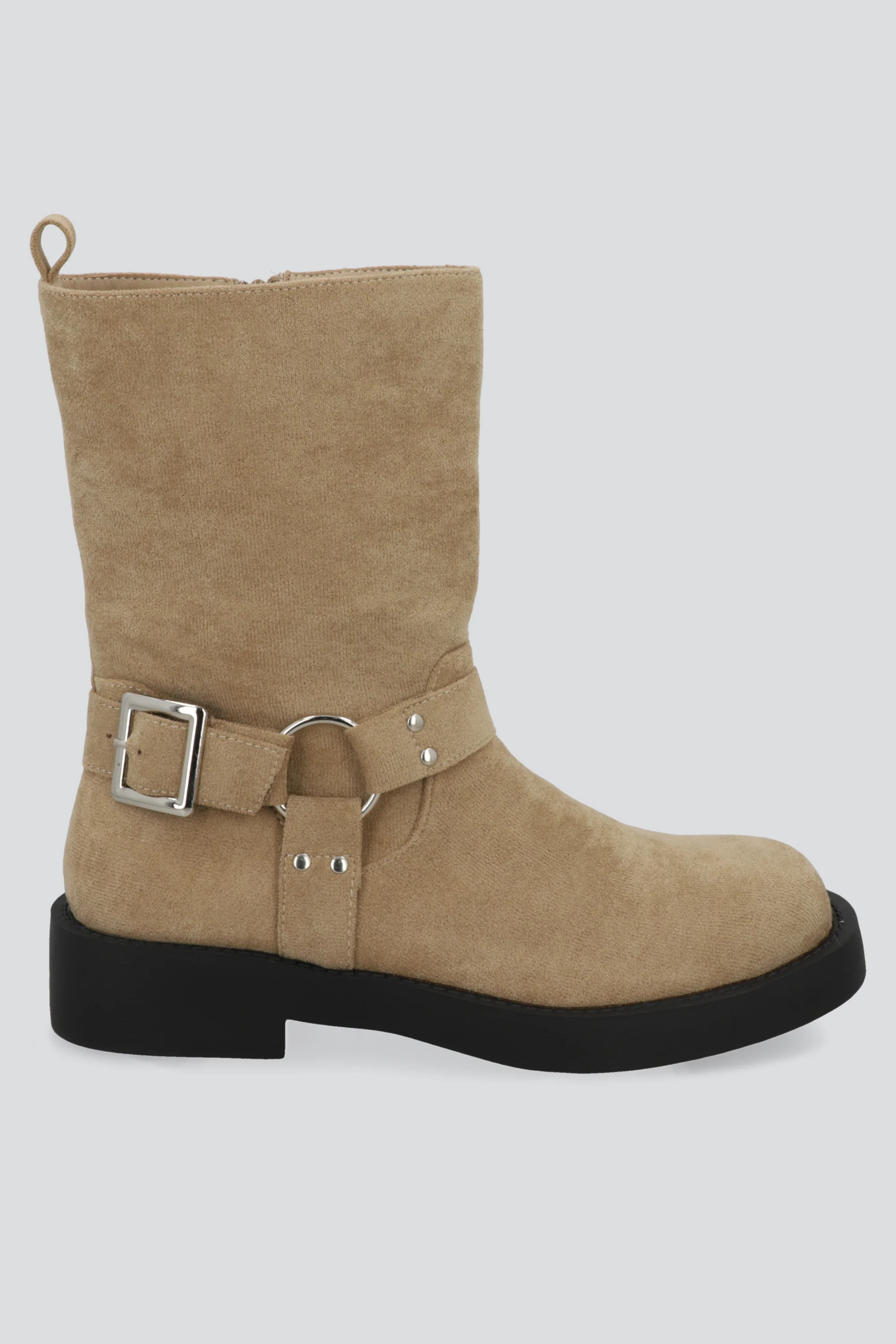 Botin biker hebilla gamucina punta desgastada