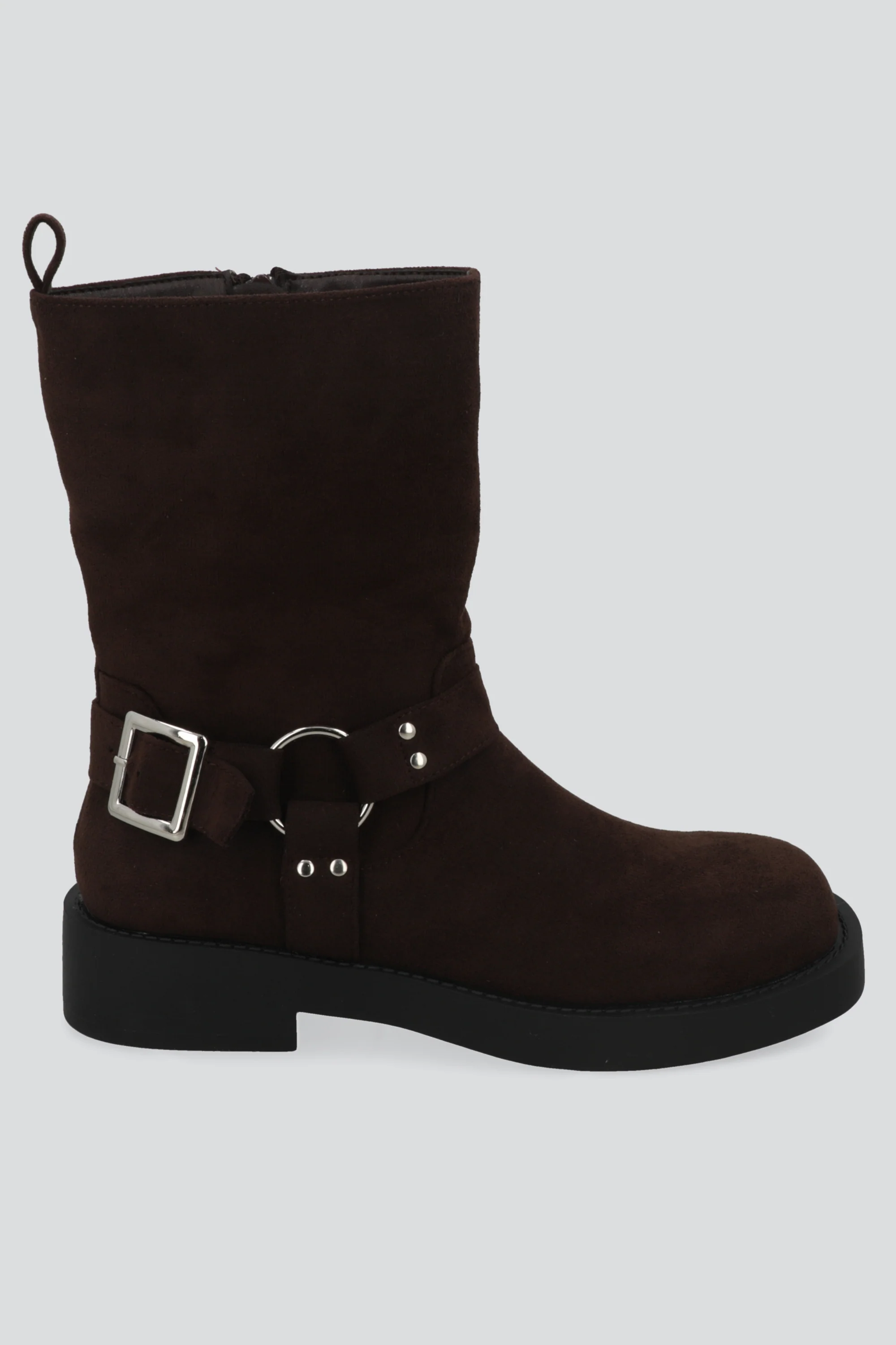 Botin biker hebilla gamucina punta desgastada