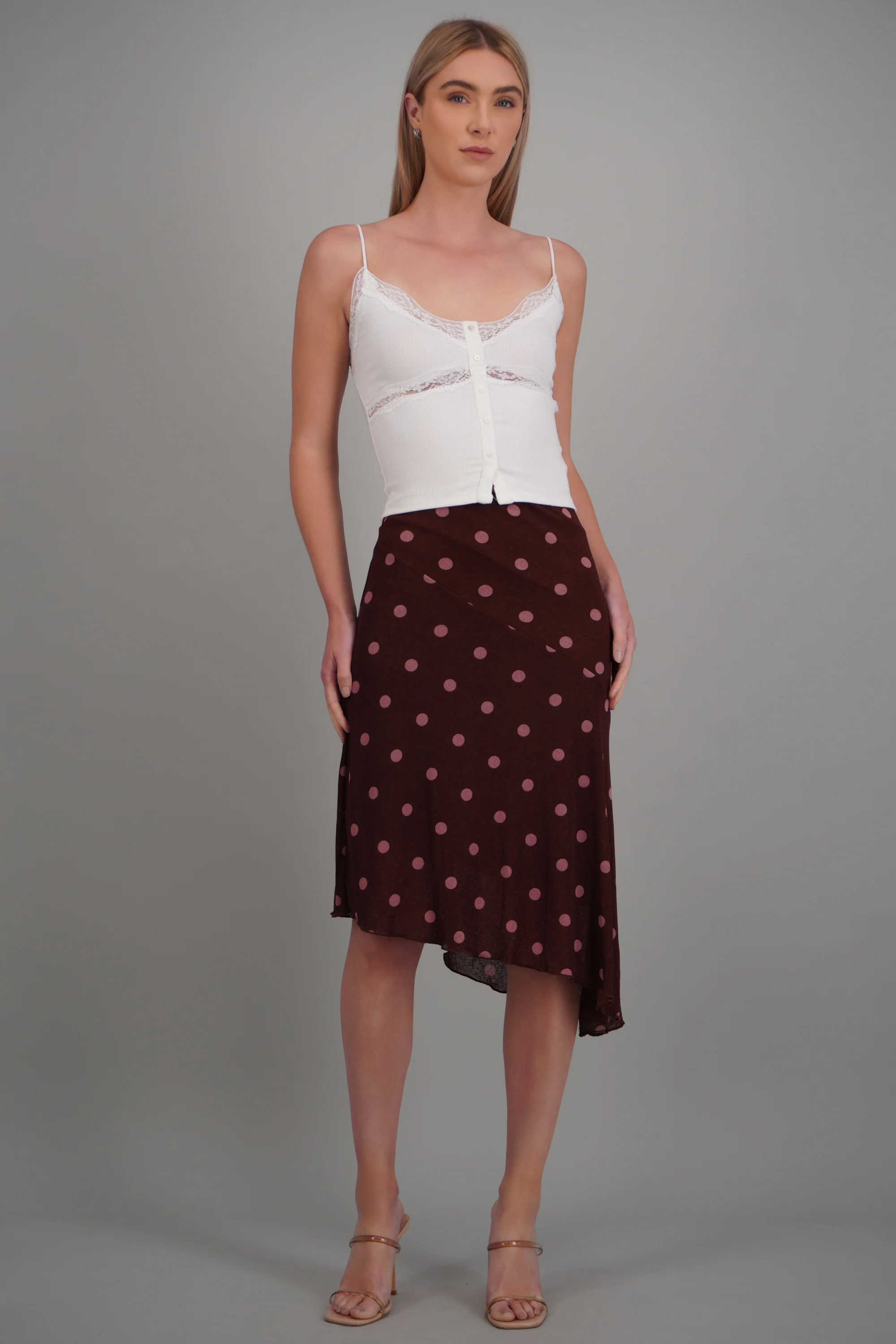 Falda midi asimétrica polka dots