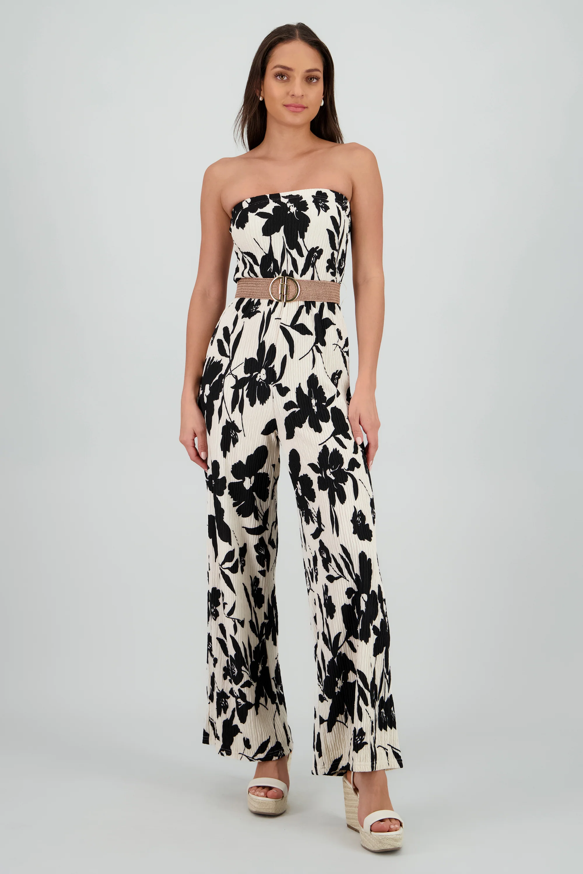 Jumpsuit bandeau flores con cinturon