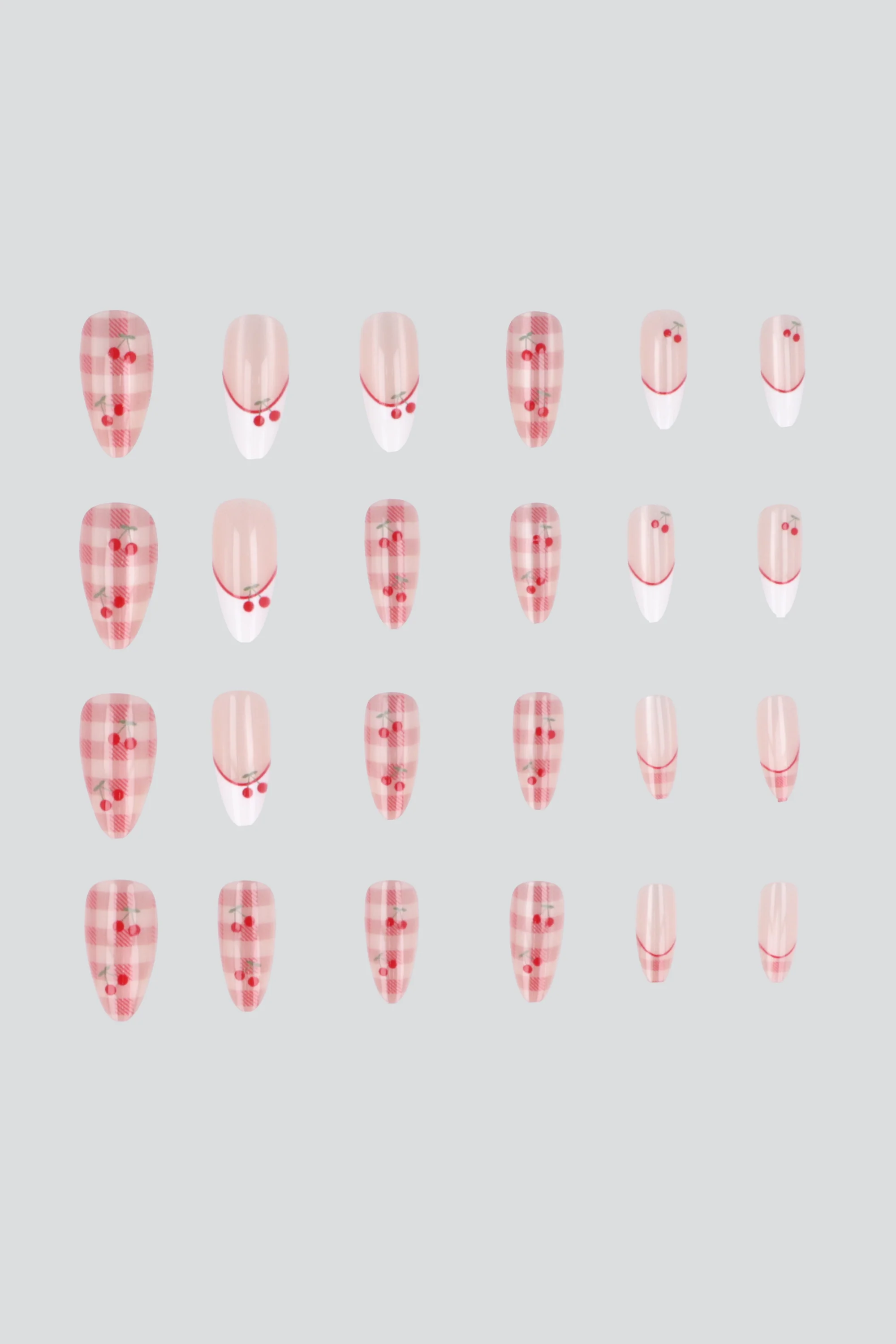 Set 24 uñas cerezas gingham