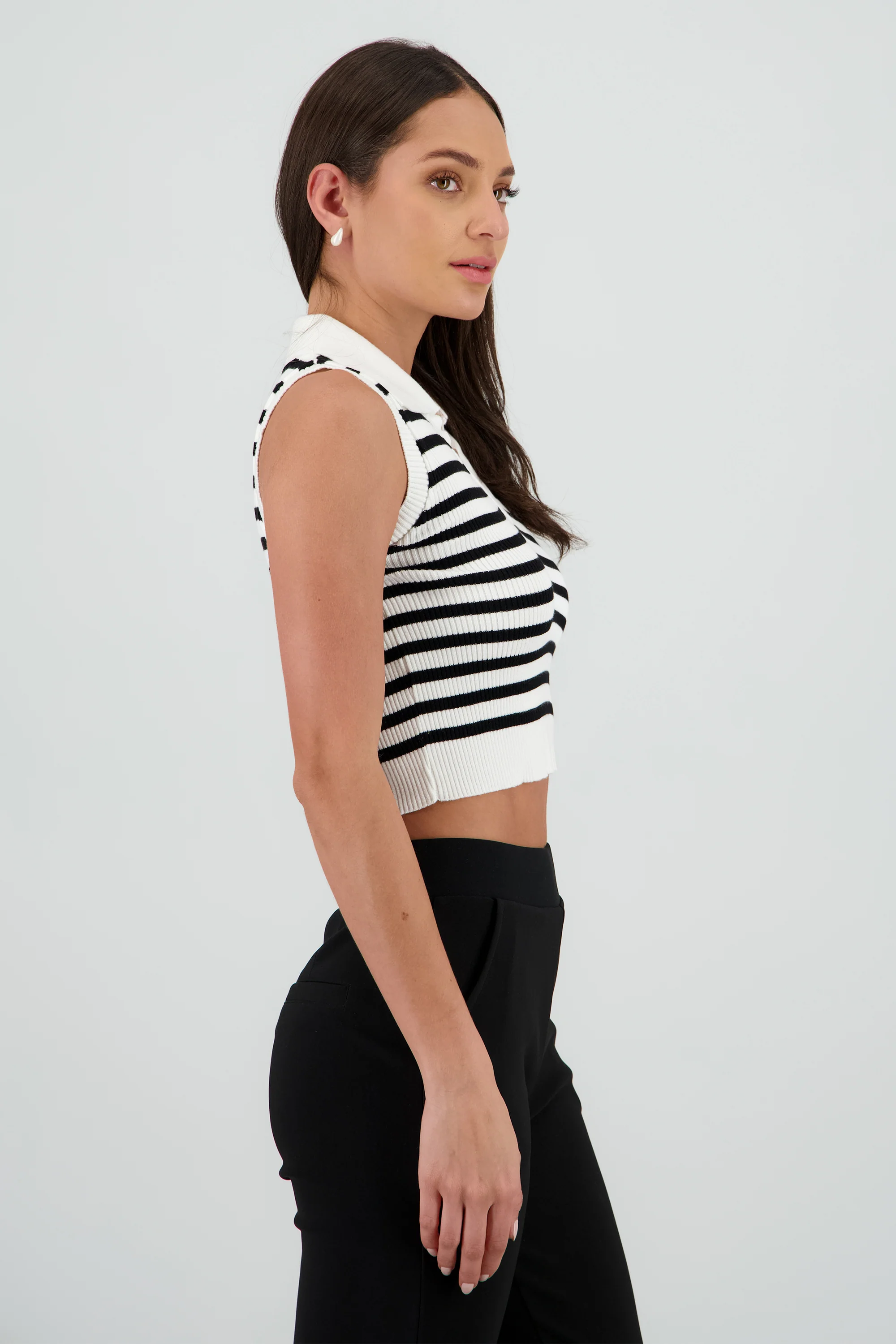 Top cuello polo sin mangas rayas tejido - Image 3