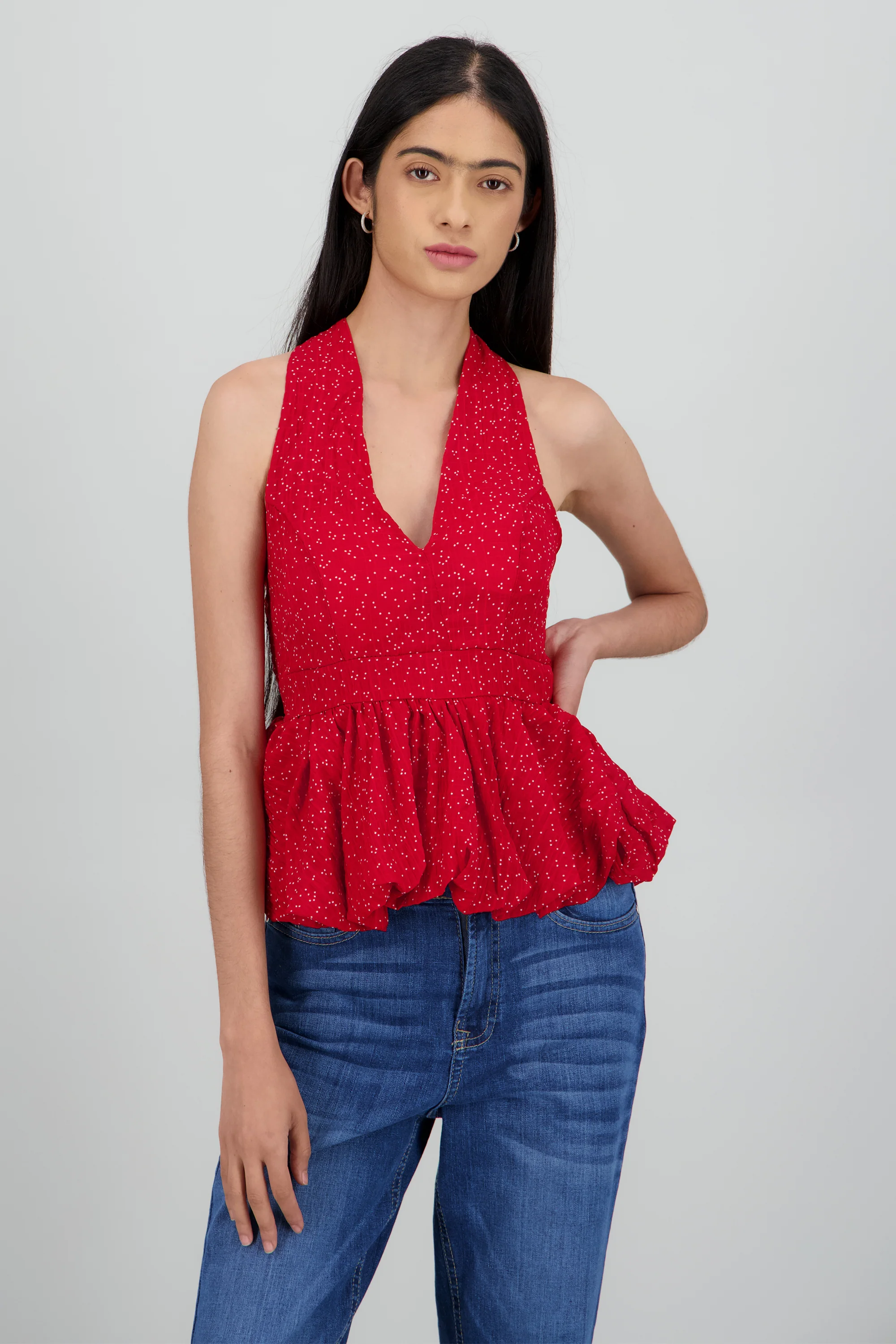 Top halter peplum moteado