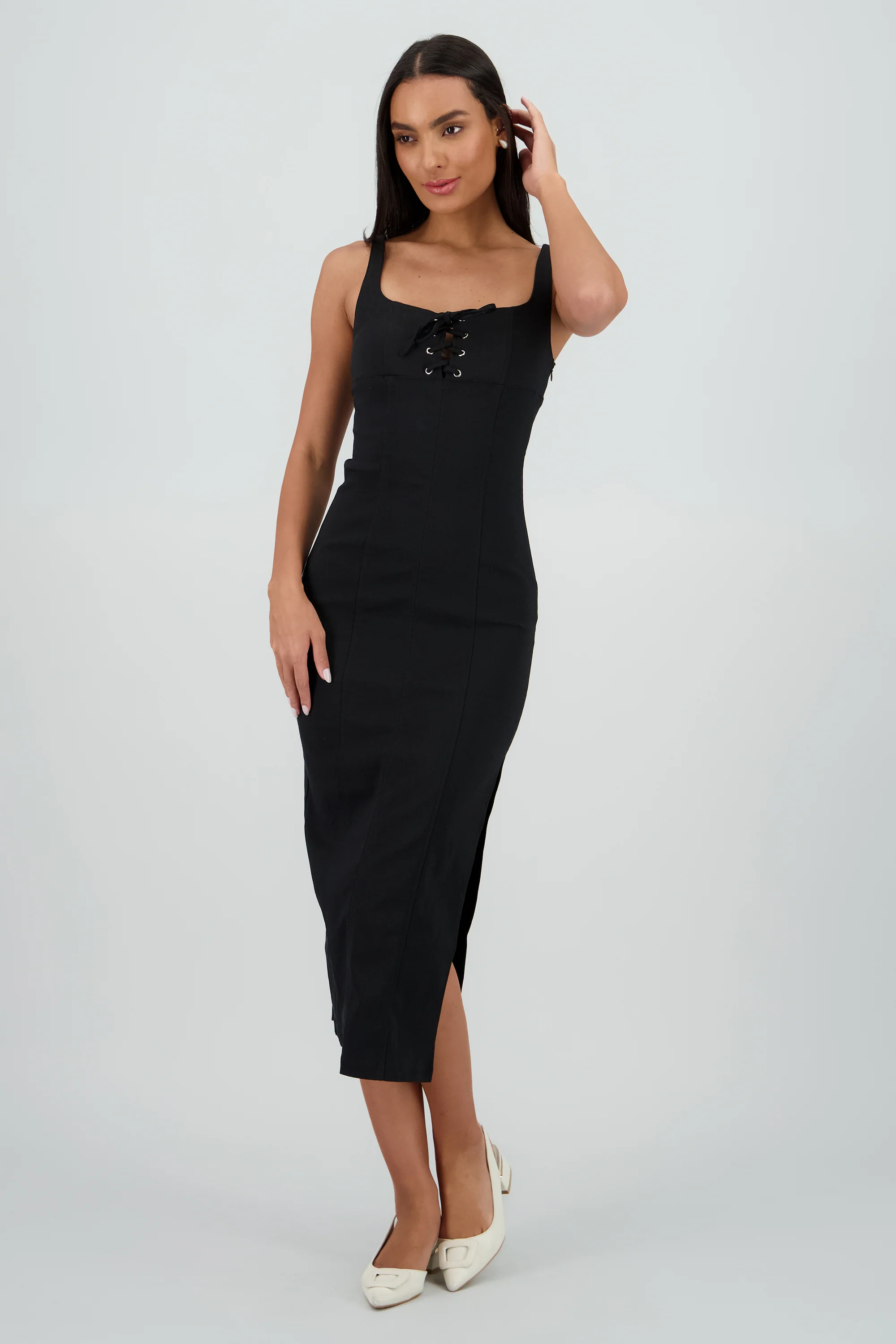 Vestido denim midi detalle laceup