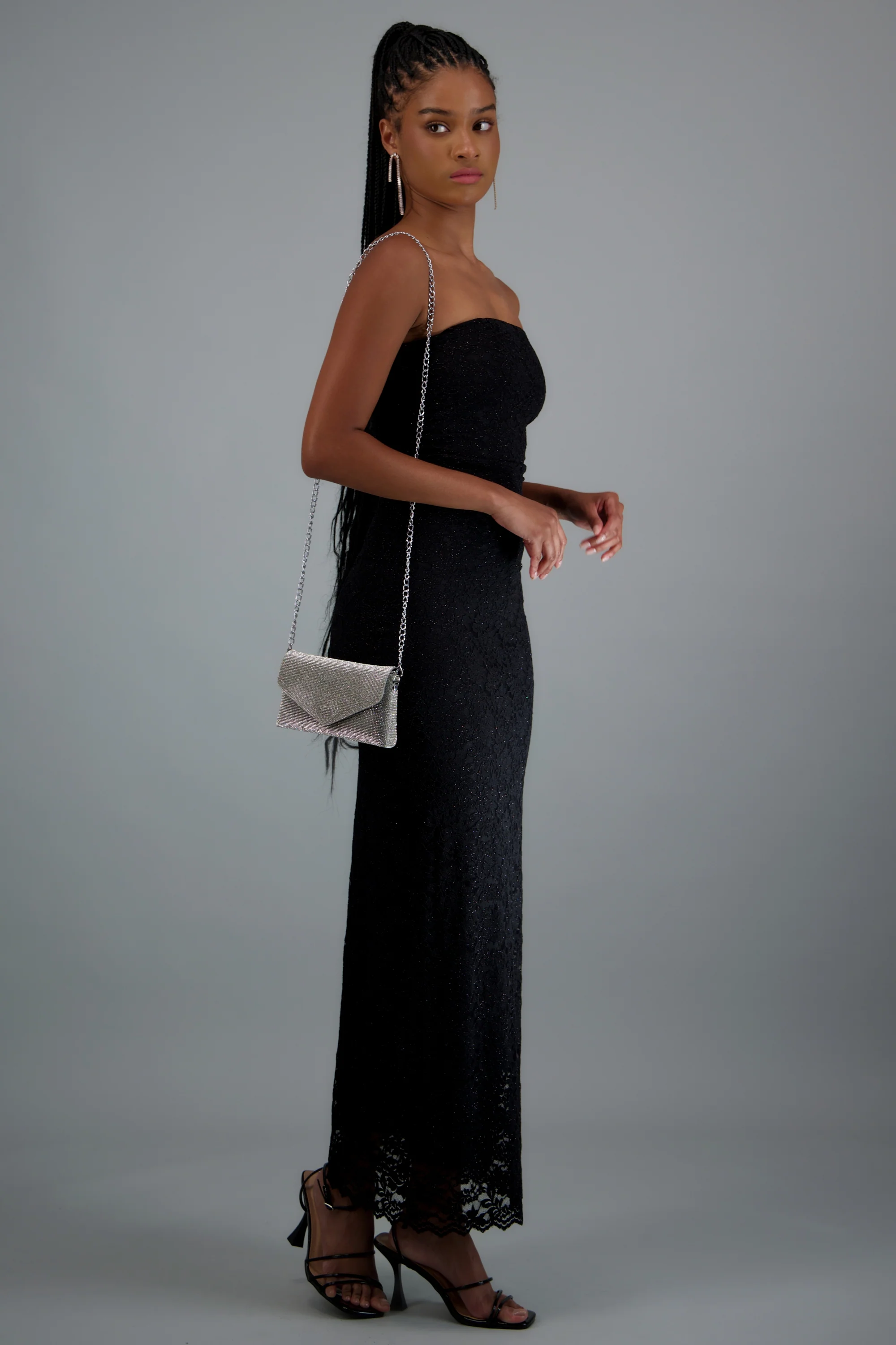 Vestido maxi detalle drapeado encaje brillos - Image 6