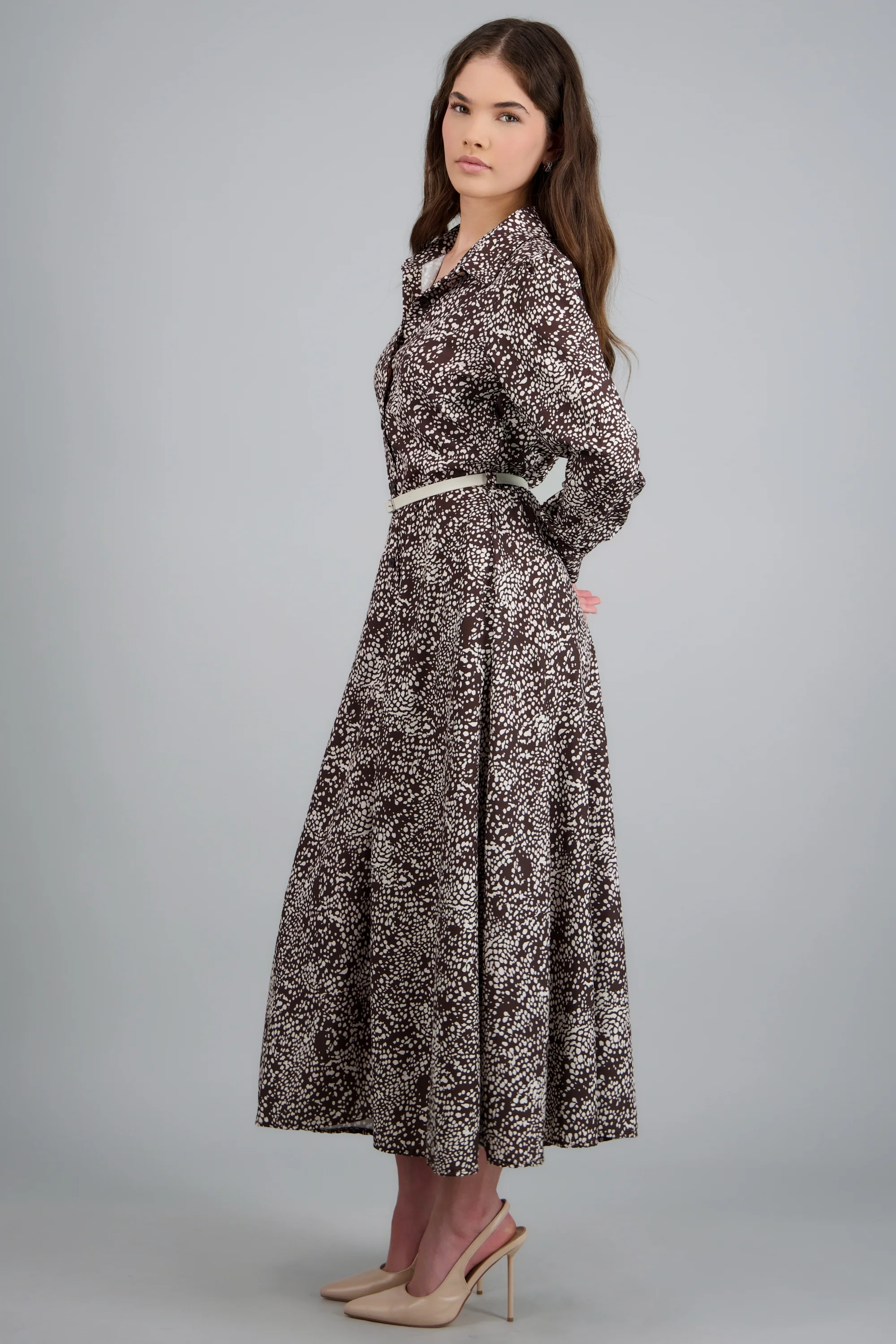 Vestido maxi manga larga estampado con cinto - Image 3
