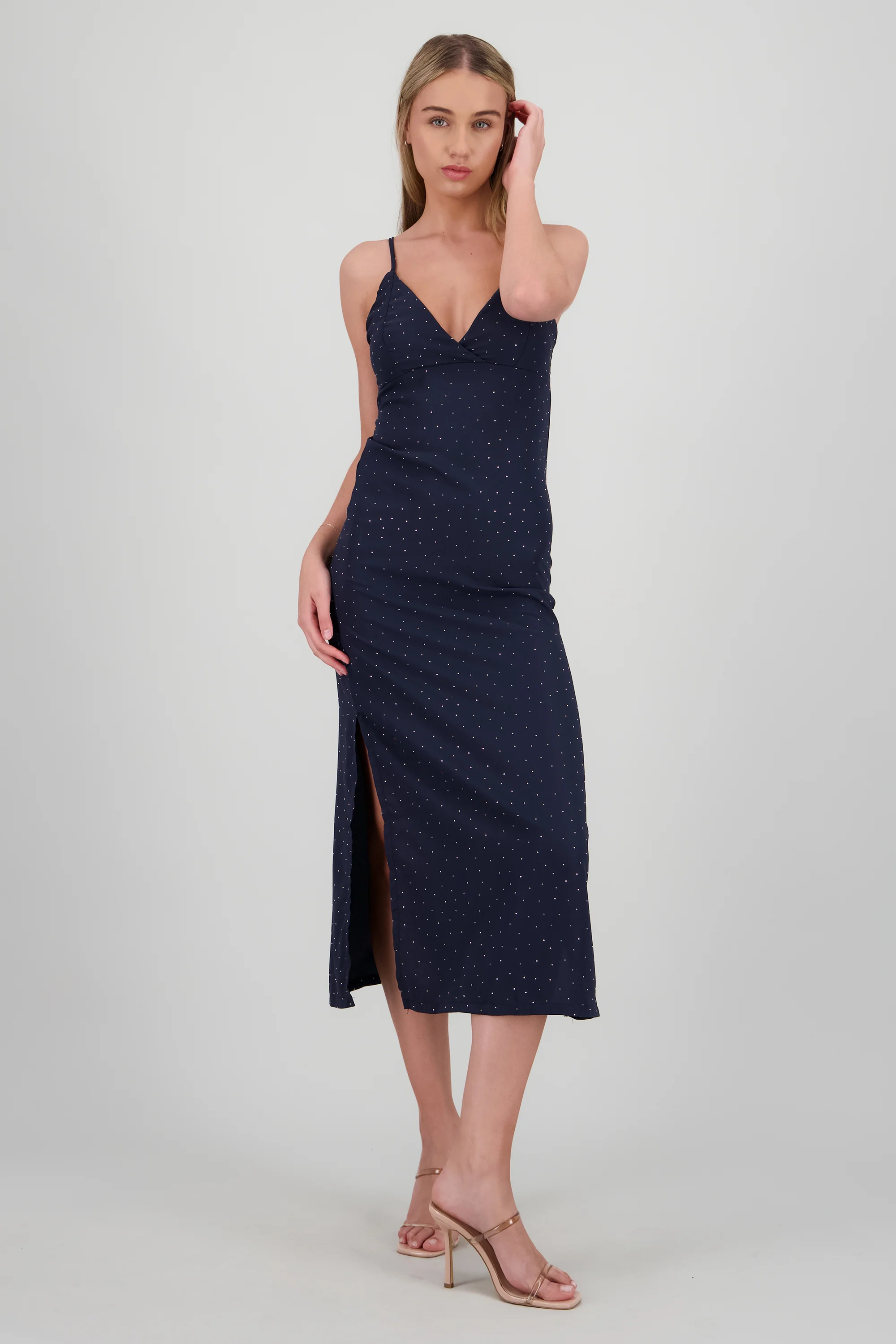 Vestido midi brillos escote cruzado