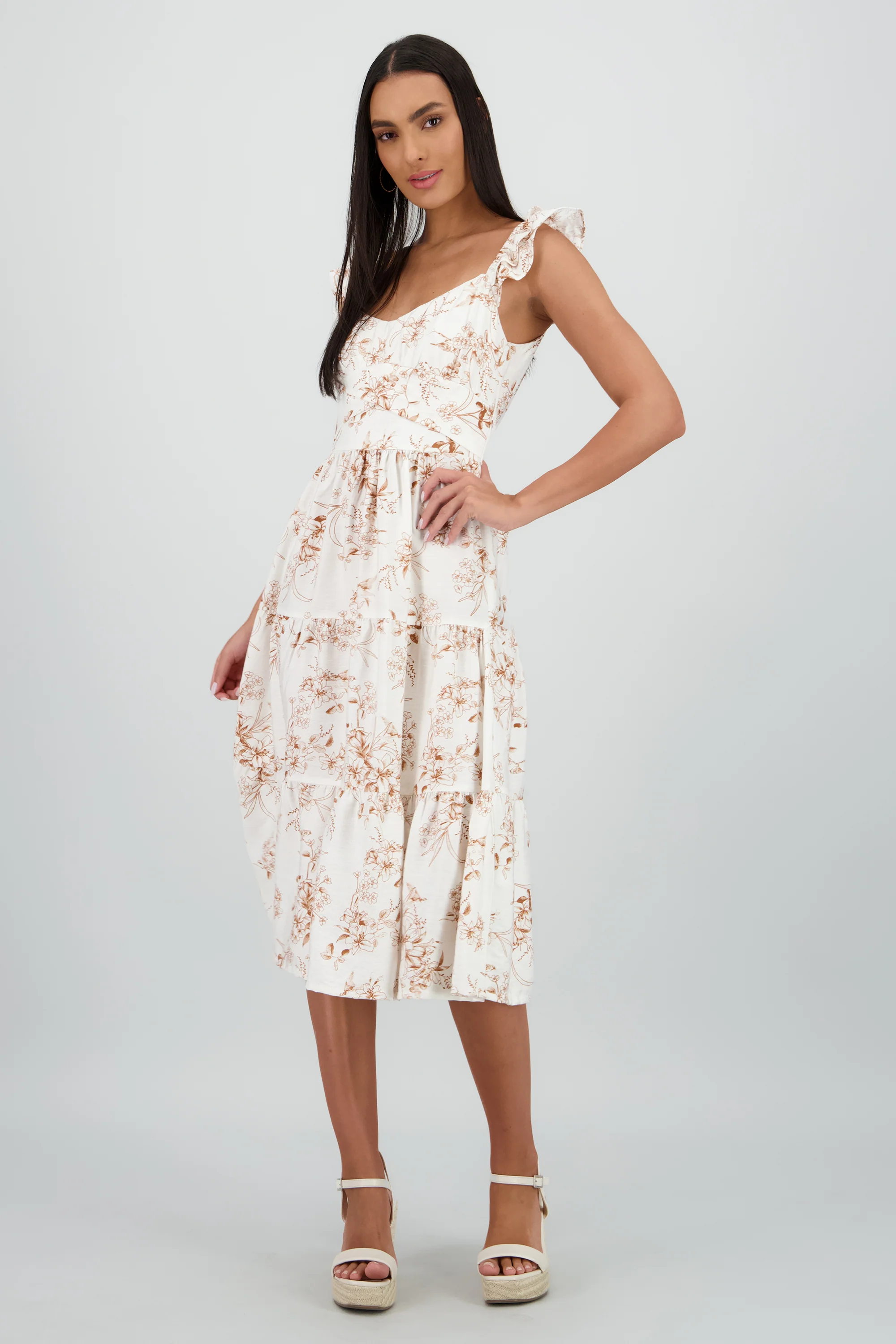 Vestido midi detalle olanes estampado flores