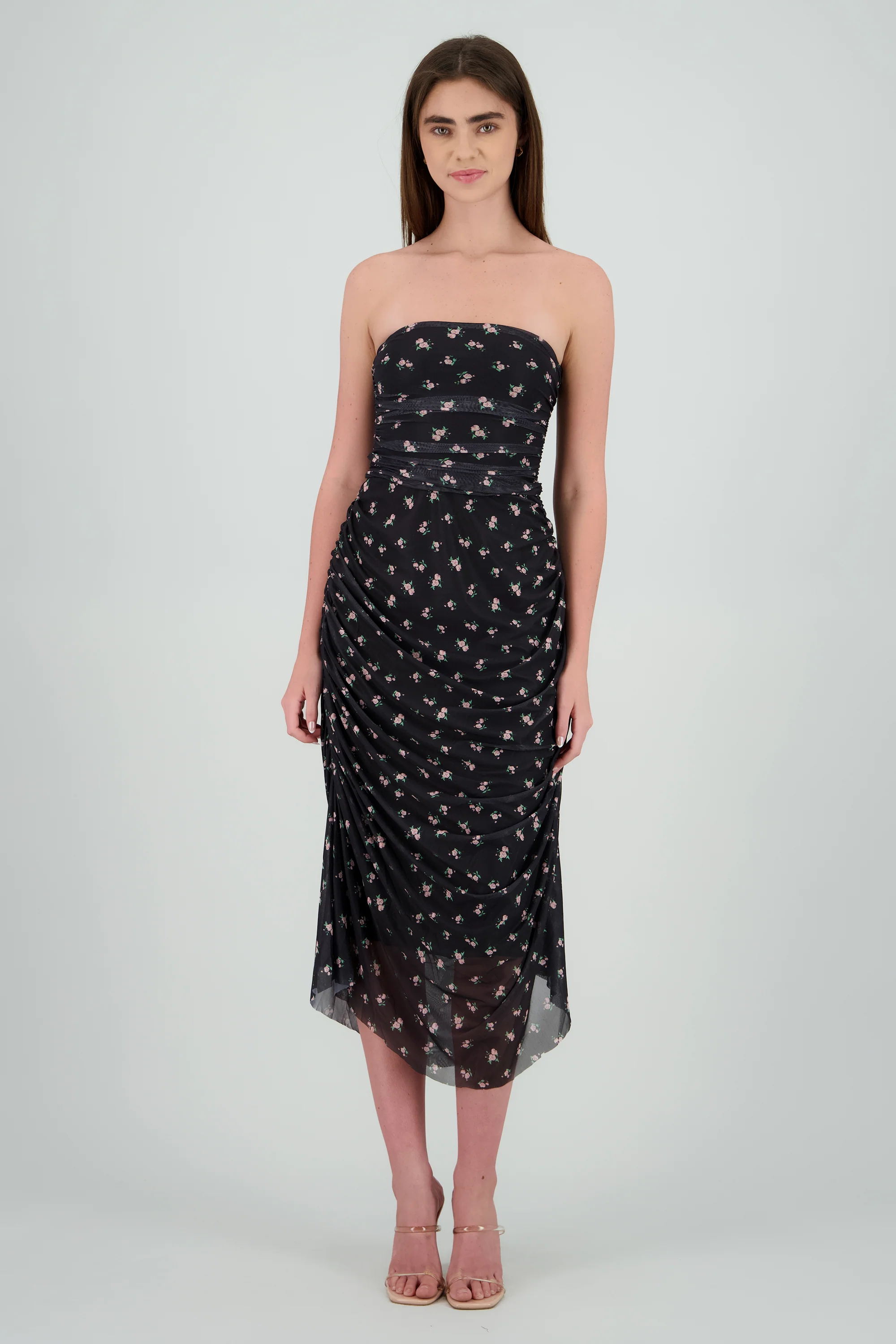 Vestido strapless de mesh estampado